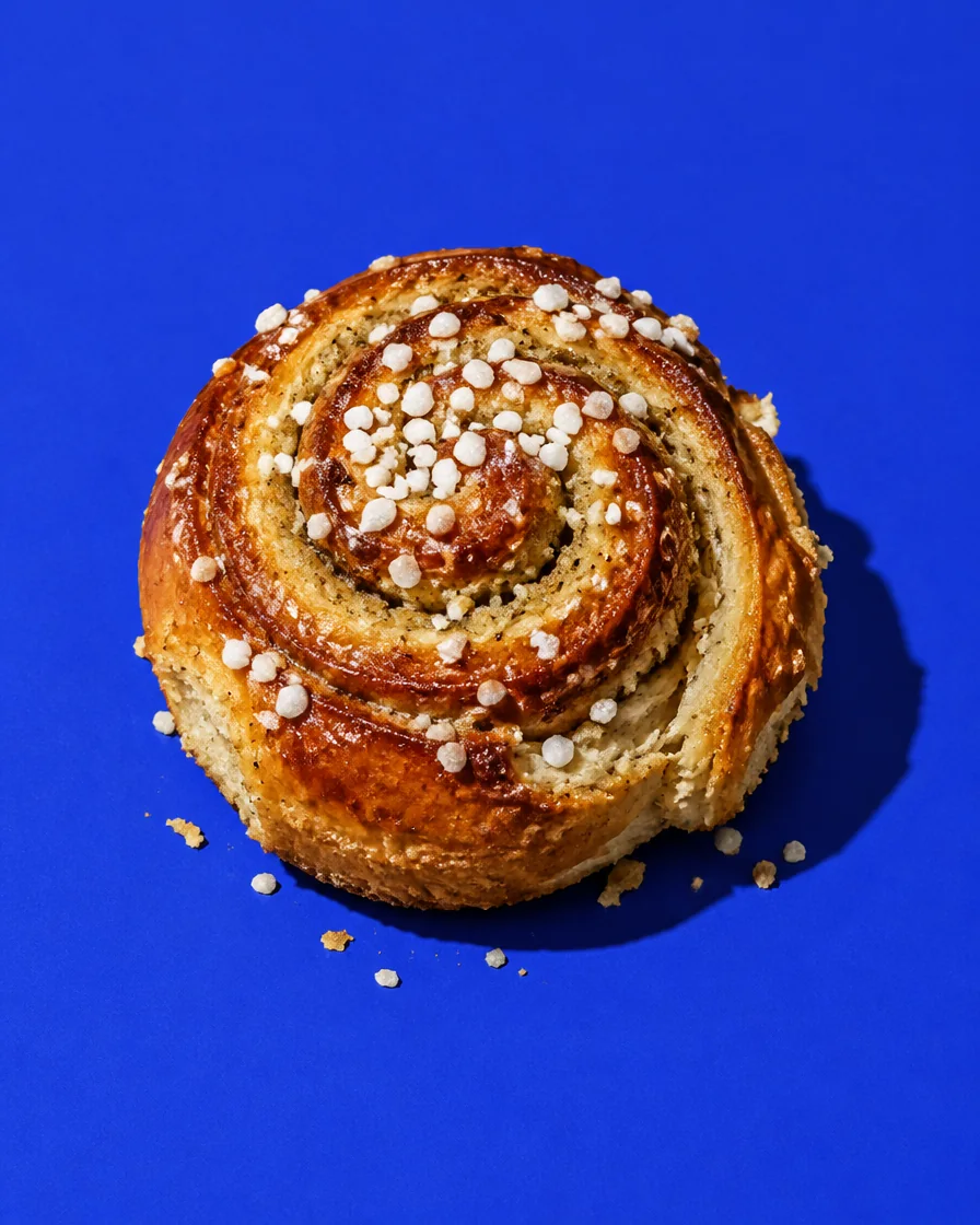 A glazed cardamom bun on a cobalt blue backdrop under hard flash.
