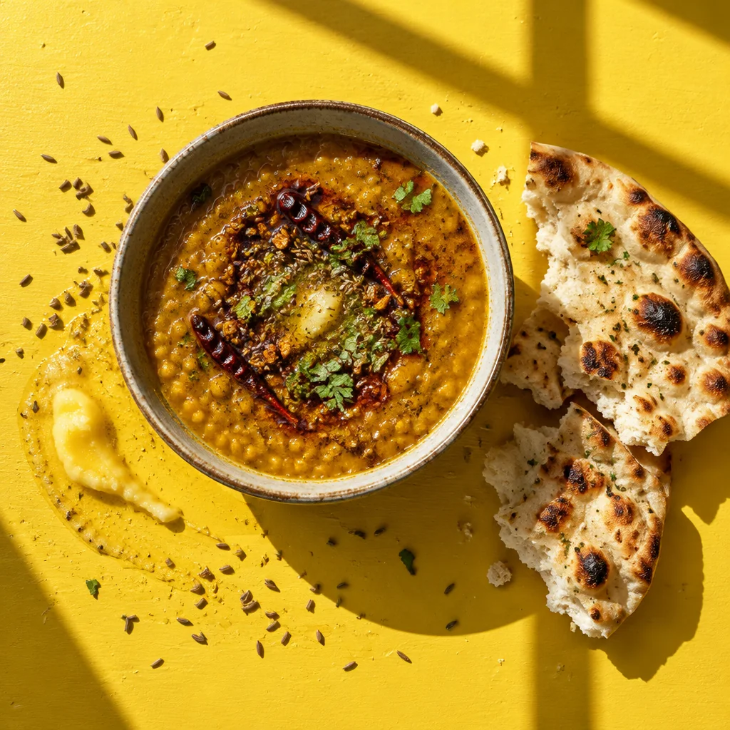 A bowl of dal with torn naan on a yellow table, seen from above.